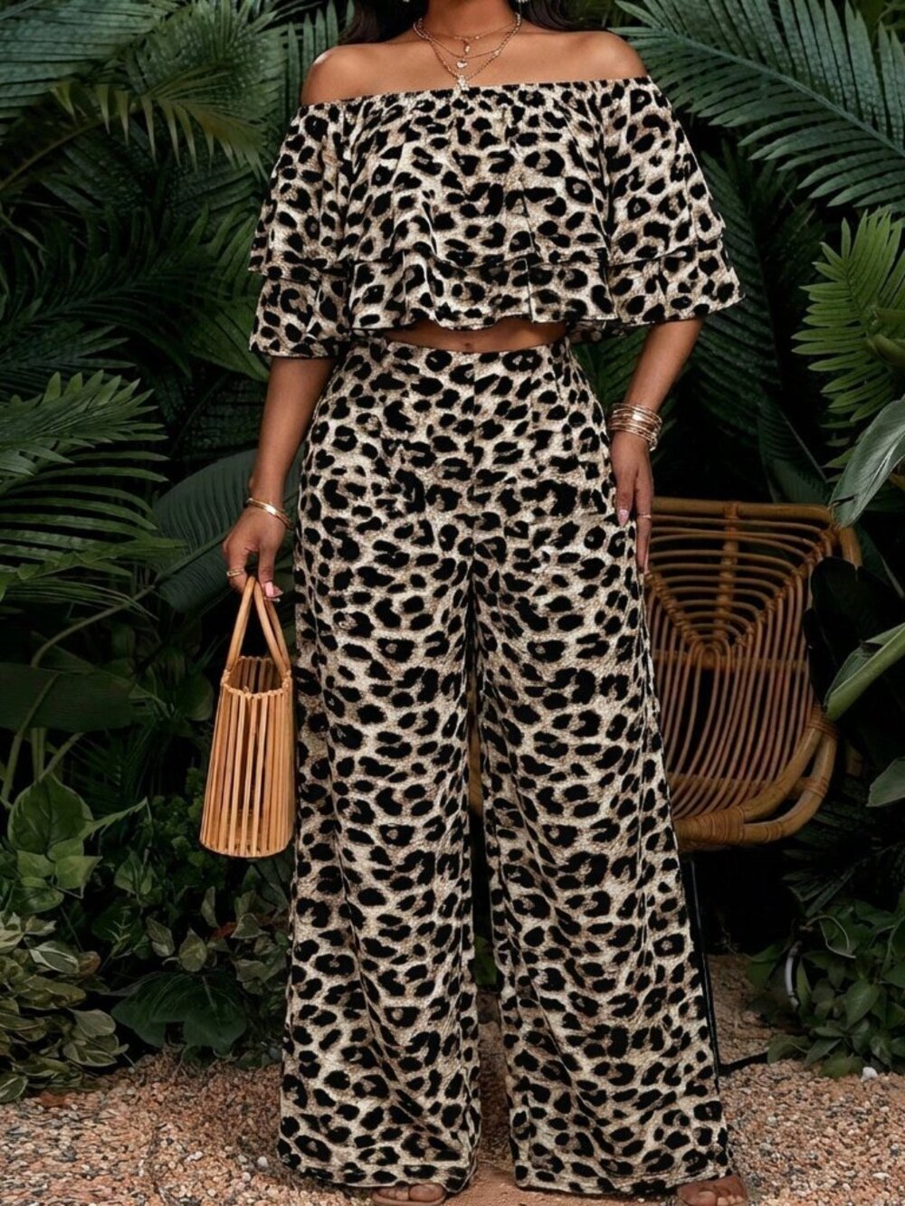 Multicolor Boho Women's Leopard Print Off-Shoulder Top & Wide-Leg Pants Set - Picture 4 of 6